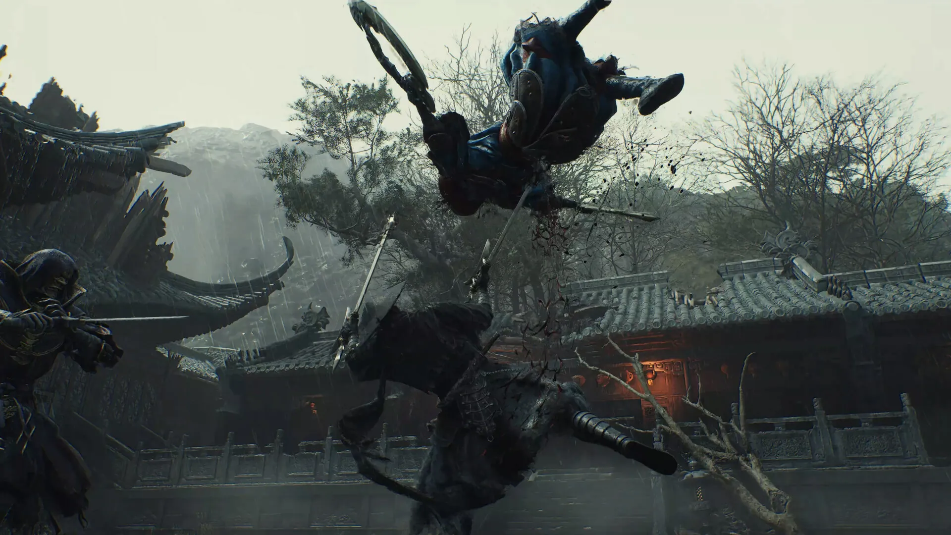 Soul mid-combat in a rain-soaked temple courtyard, an enemy hurled into the air.