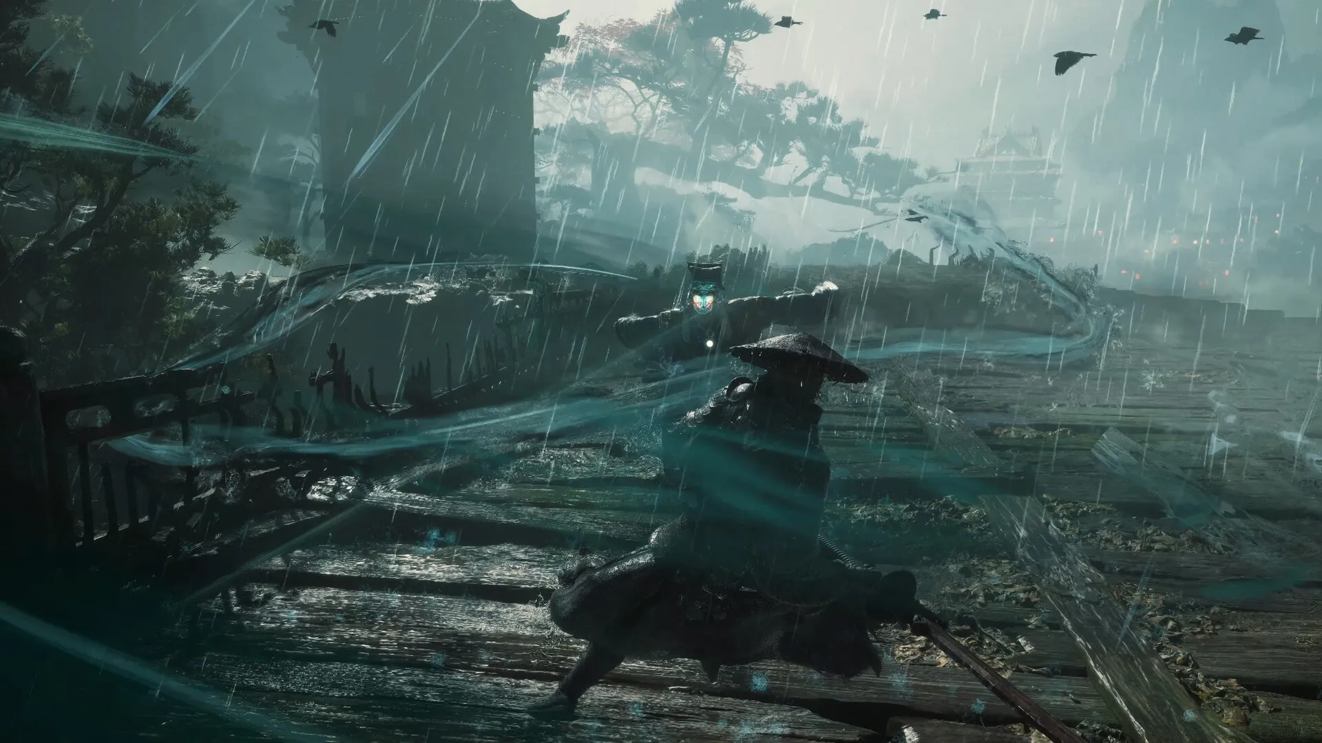 Soul in a low combat stance on a rain-slick bridge, a blue blade arc sweeping past.