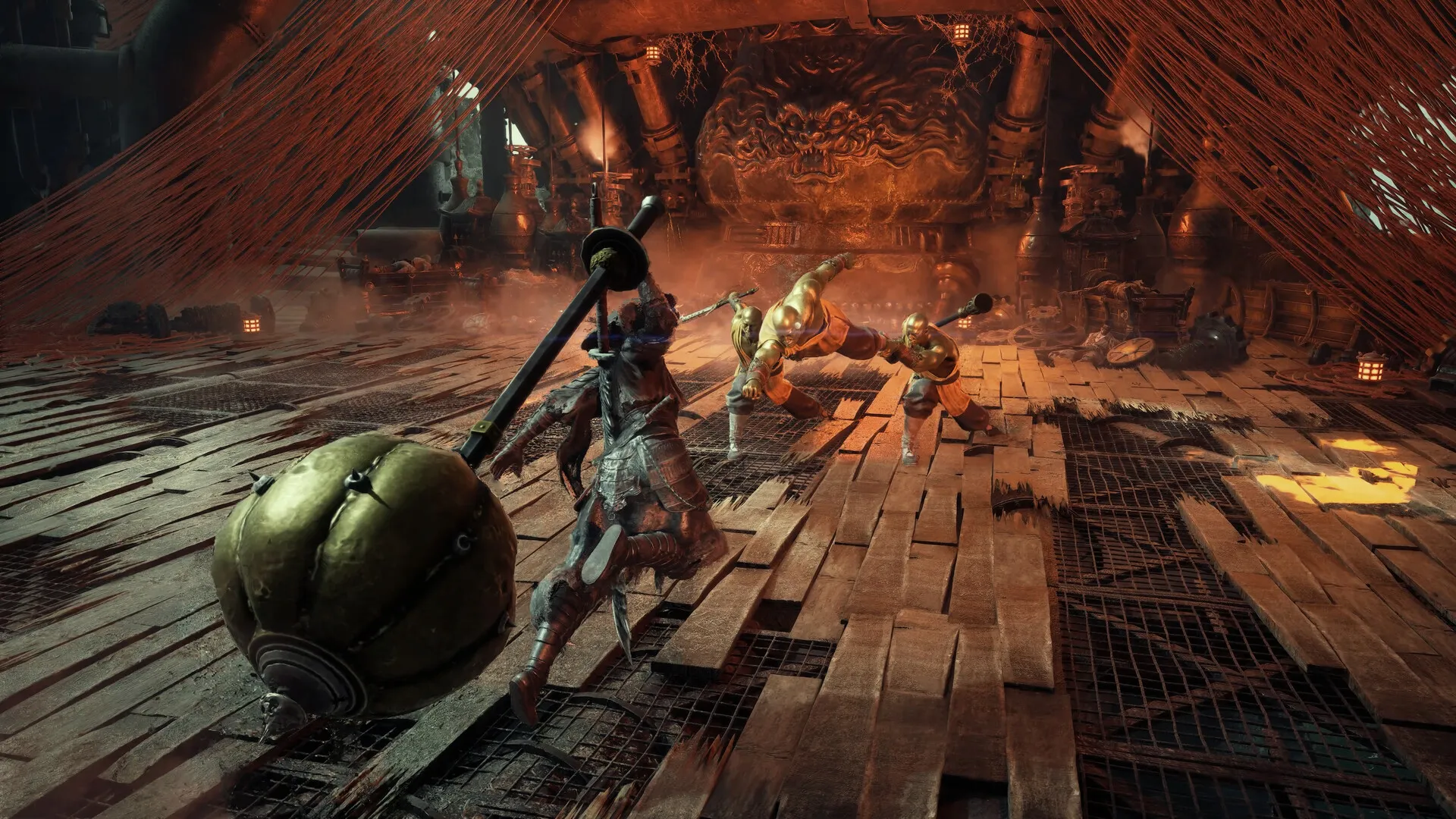 Soul faces two golden-armoured fighters inside a roped temple hall.